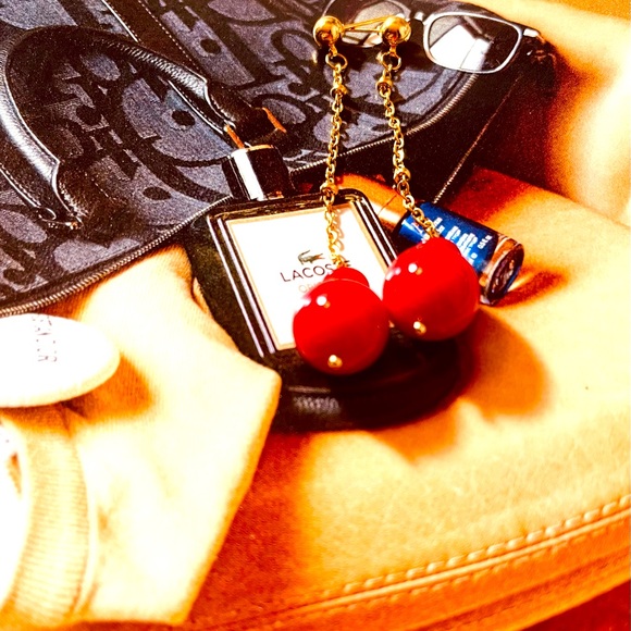 Gold Long Chain Red Bead Stud Earrings - Picture 2 of 3